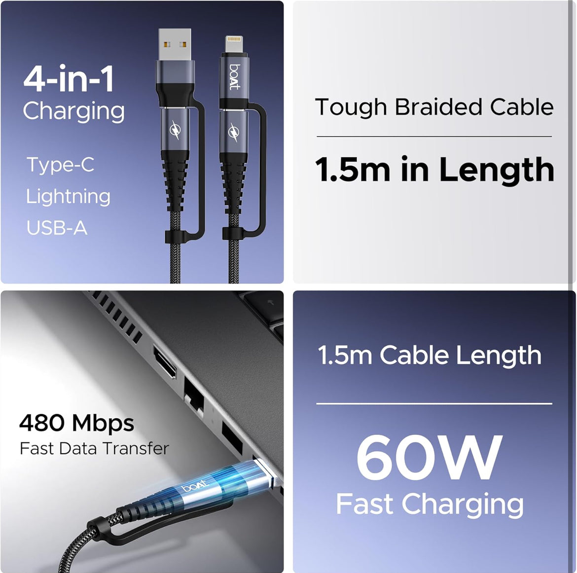 boAt FlexiCharge 400 Charging Cable w/ 4-in-1 Connectivity- USB-A, Type-C, & Lightning Ports, 60W/3A PD Fast Charging,480Mbps Data Sync,2 Swappable Heads,Silicon Cable Tie(Carbon Black)