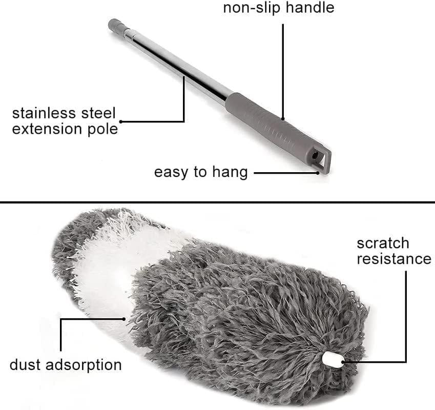 3 In 1 Long Handle Microfiber Feather Ceiling Duster With Extendable Pole 30-100 Inch With Anti Scratch Bendable Head For Cleaning High Cobweb Stick High Ceiling Fan - Stainless Steel,Grey