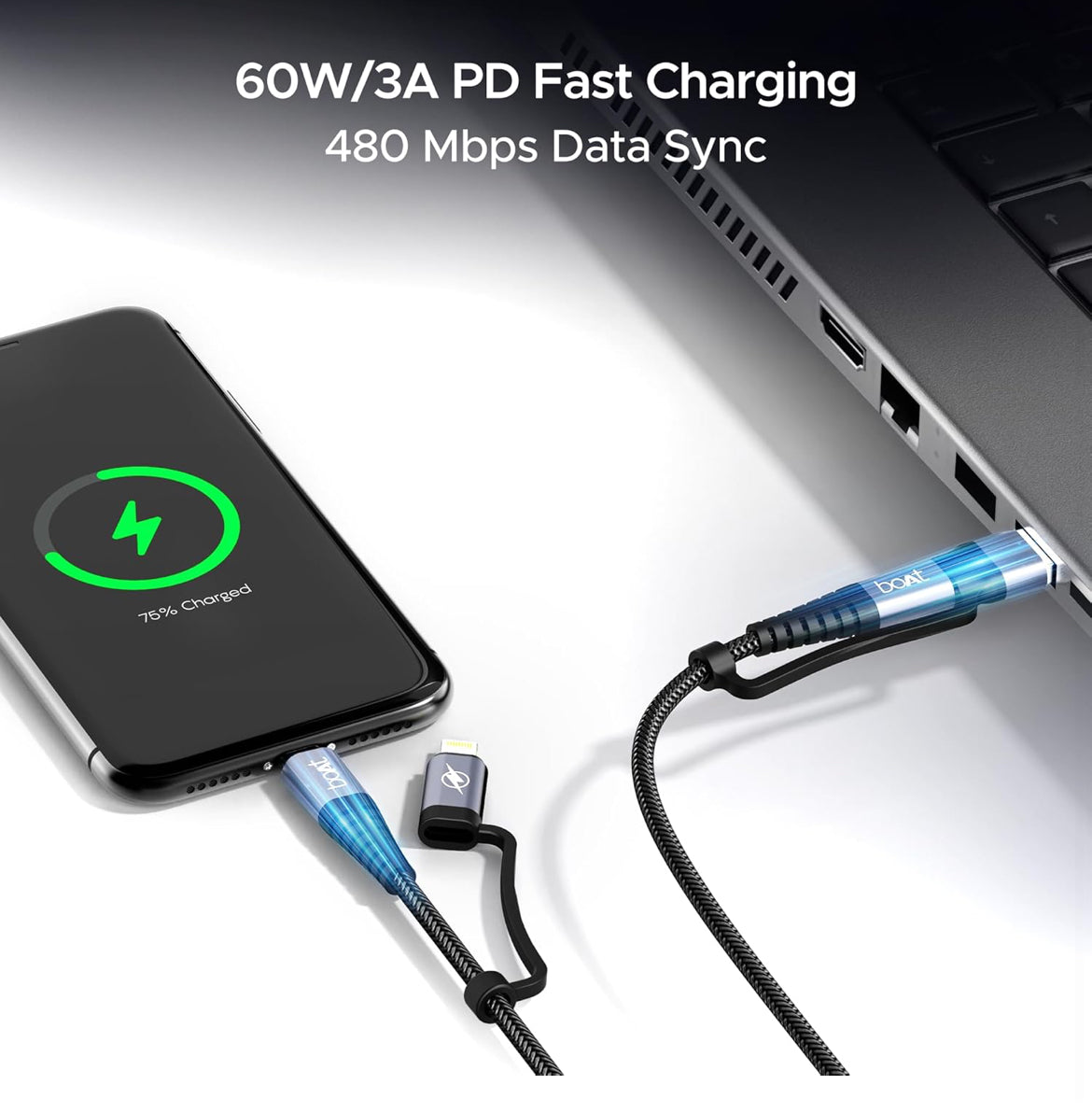 boAt FlexiCharge 400 Charging Cable w/ 4-in-1 Connectivity- USB-A, Type-C, & Lightning Ports, 60W/3A PD Fast Charging,480Mbps Data Sync,2 Swappable Heads,Silicon Cable Tie(Carbon Black)