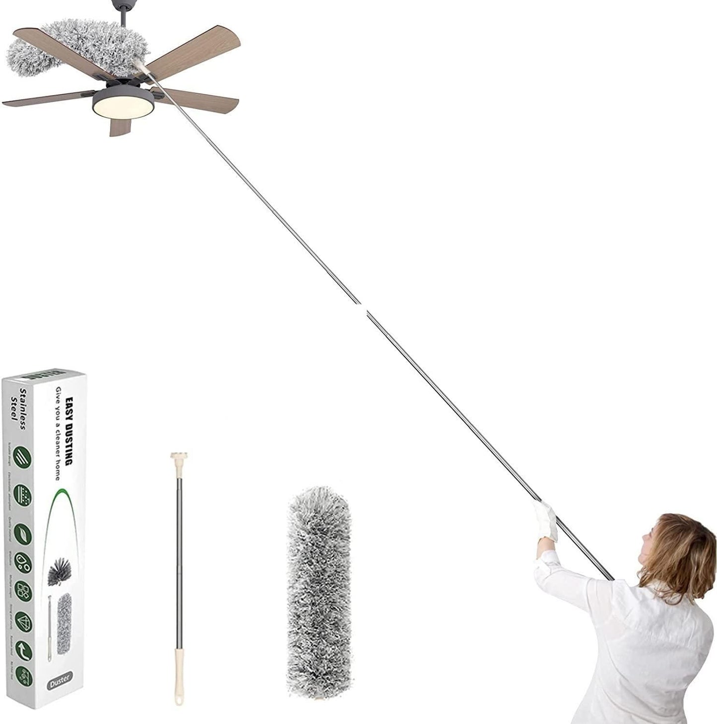 3 In 1 Long Handle Microfiber Feather Ceiling Duster With Extendable Pole 30-100 Inch With Anti Scratch Bendable Head For Cleaning High Cobweb Stick High Ceiling Fan - Stainless Steel,Grey