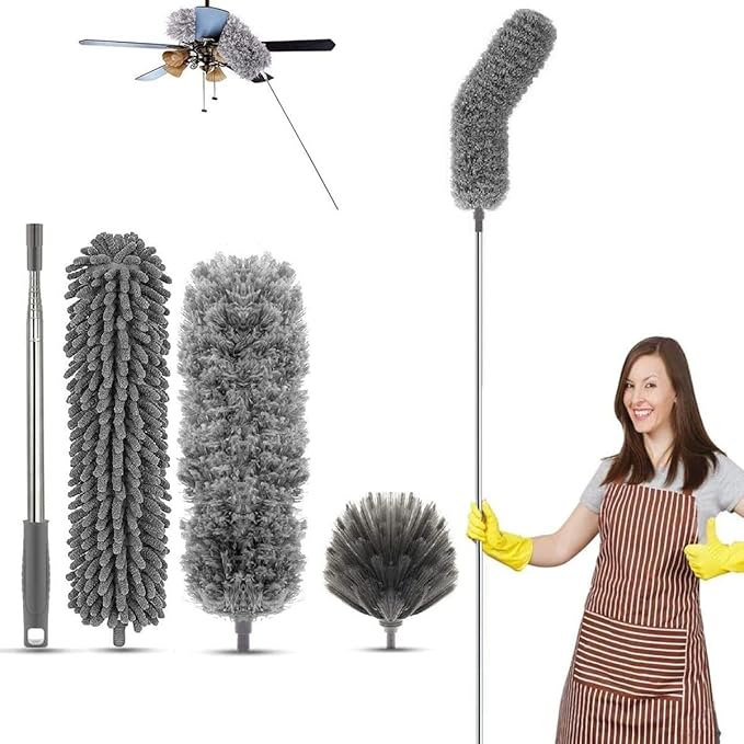 3 In 1 Long Handle Microfiber Feather Ceiling Duster With Extendable Pole 30-100 Inch With Anti Scratch Bendable Head For Cleaning High Cobweb Stick High Ceiling Fan - Stainless Steel,Grey