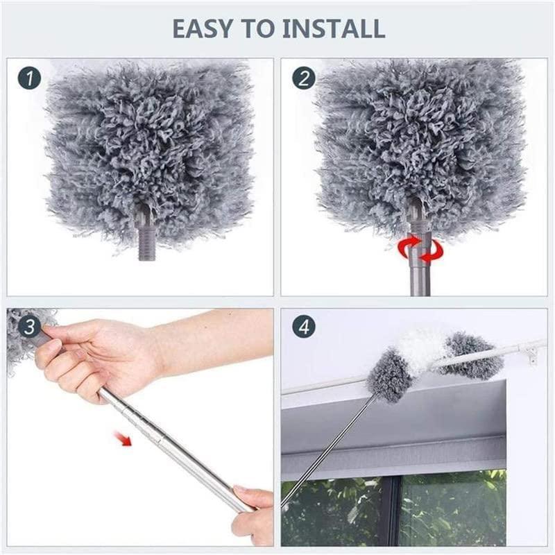 3 In 1 Long Handle Microfiber Feather Ceiling Duster With Extendable Pole 30-100 Inch With Anti Scratch Bendable Head For Cleaning High Cobweb Stick High Ceiling Fan - Stainless Steel,Grey