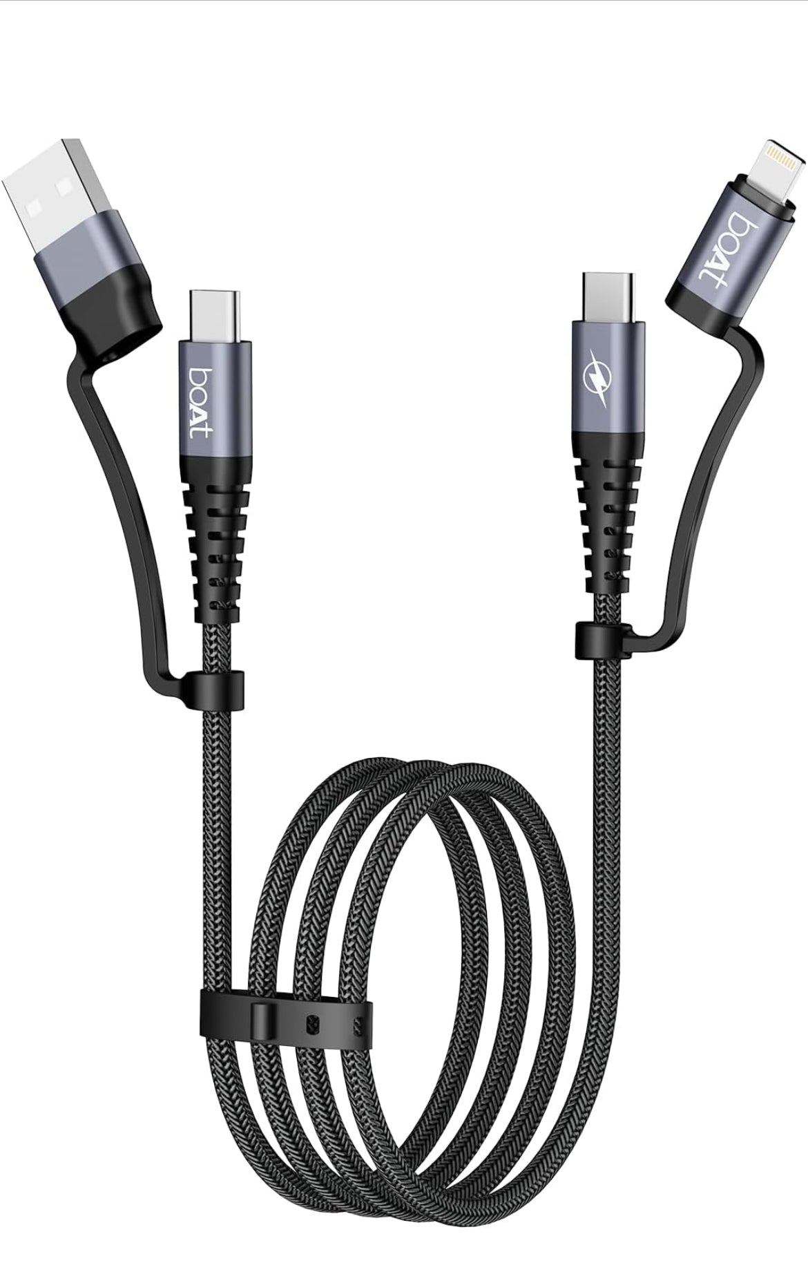 boAt FlexiCharge 400 Charging Cable w/ 4-in-1 Connectivity- USB-A, Type-C, & Lightning Ports, 60W/3A PD Fast Charging,480Mbps Data Sync,2 Swappable Heads,Silicon Cable Tie(Carbon Black)