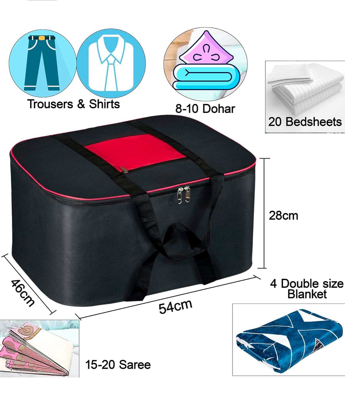 Storite Nylon Big Underbed Storage Bag Moisture Proof Cloth Organiser with Zippered Closure and Handle(BlackRed, 54x46x28cm) Rectangular