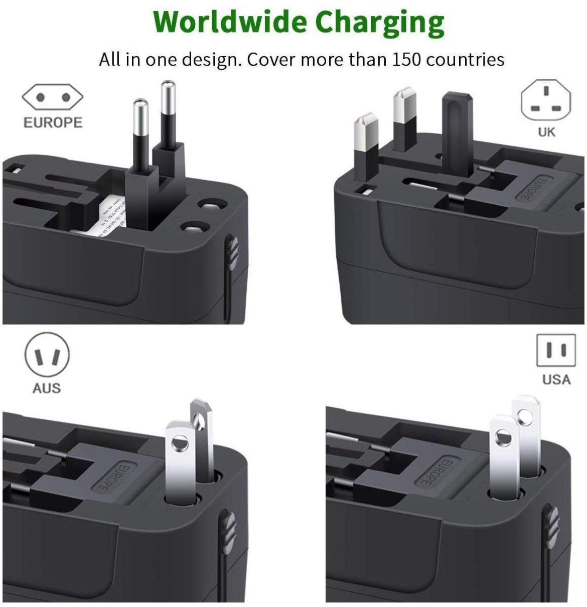 rts Universal Travel Adapter, International All in One Worldwide Travel Adapter and Wall Charger with USB Ports with Multi Type Power Outlet USB 2.1A,100-250 Voltage Travel Charger (Black)