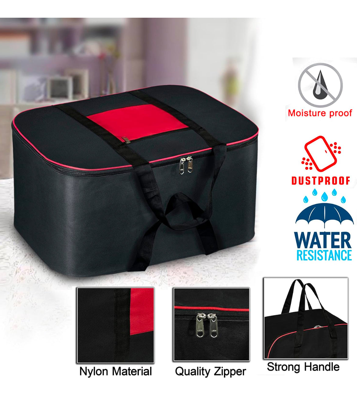 Storite Nylon Big Underbed Storage Bag Moisture Proof Cloth Organiser with Zippered Closure and Handle(BlackRed, 54x46x28cm) Rectangular