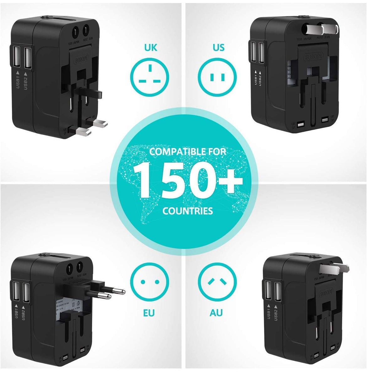 rts Universal Travel Adapter, International All in One Worldwide Travel Adapter and Wall Charger with USB Ports with Multi Type Power Outlet USB 2.1A,100-250 Voltage Travel Charger (Black)